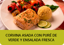 Corvina asada con puré de verde y ensalada fresca